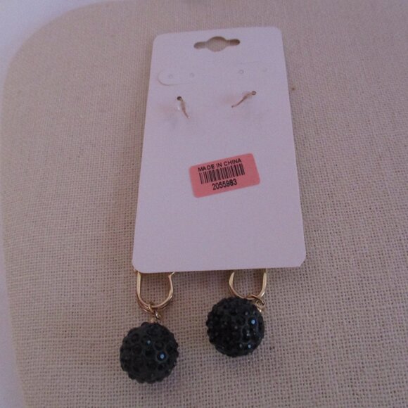 Pin Hook Earrings Black Pave Balls GOLDTONE Free Gift Box - Picture 2 of 3